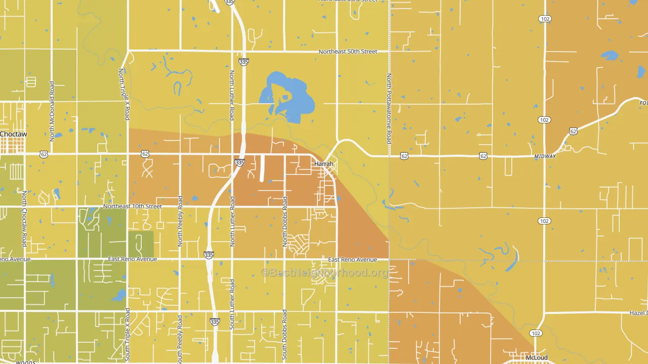 Map of the best neighborhoods in the 73045 area, with better matches in green and worse matches in red