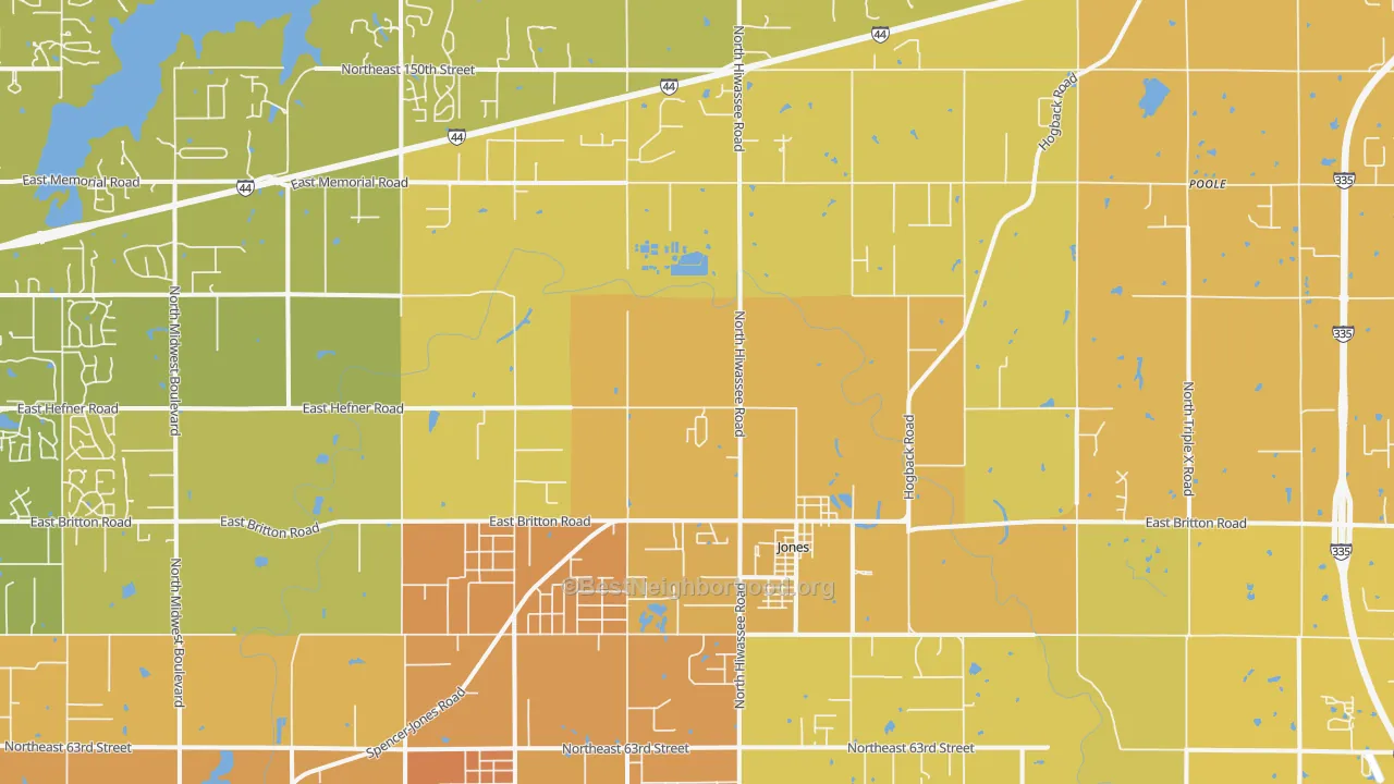 Map of the best neighborhoods in the 73049 area, with better matches in green and worse matches in red