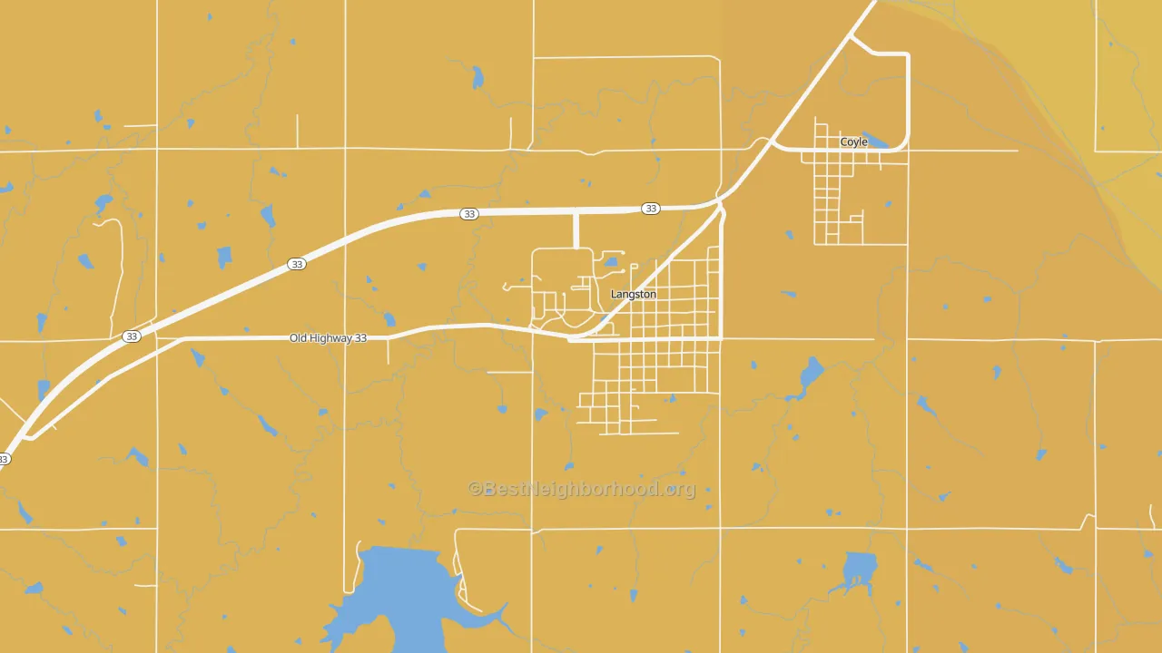 Map of the best neighborhoods in the 73050 area, with better matches in green and worse matches in red