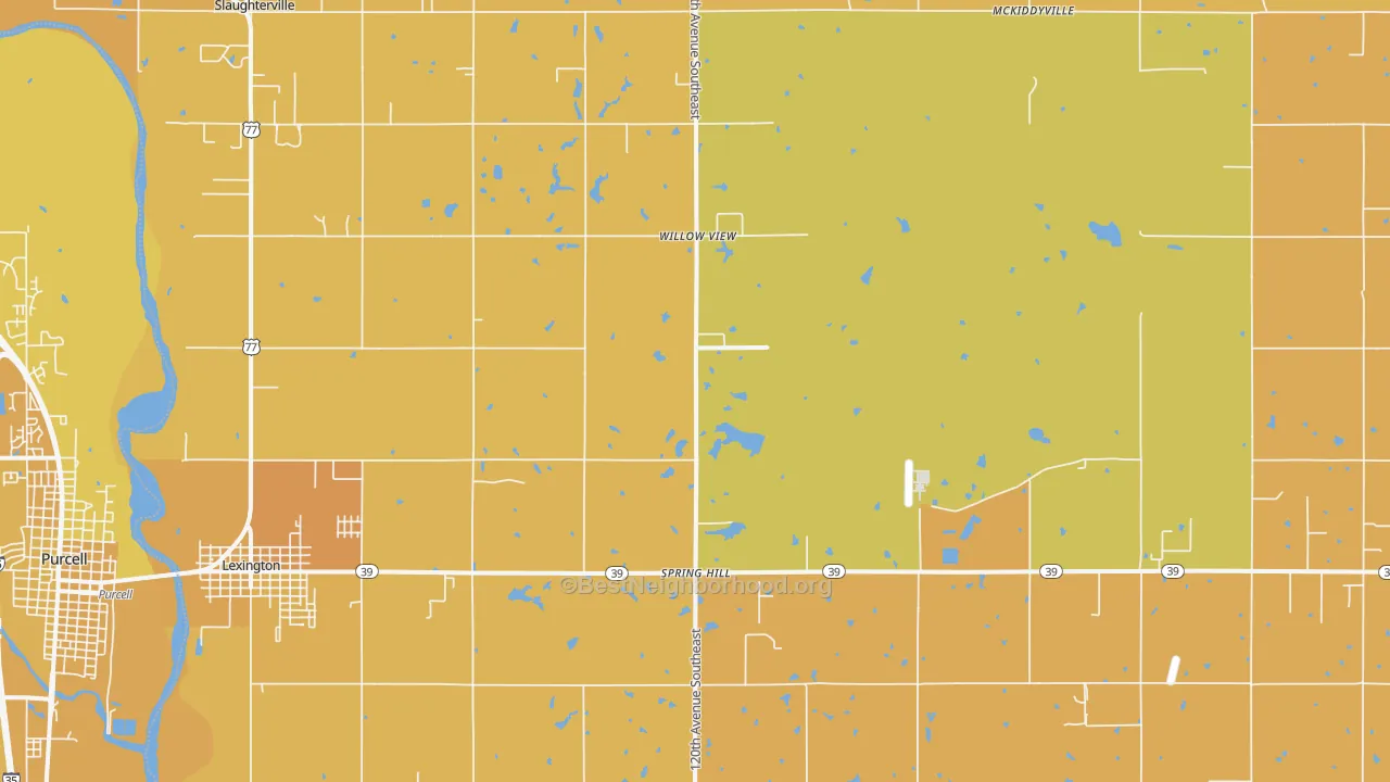 Map of the best neighborhoods in the 73051 area, with better matches in green and worse matches in red