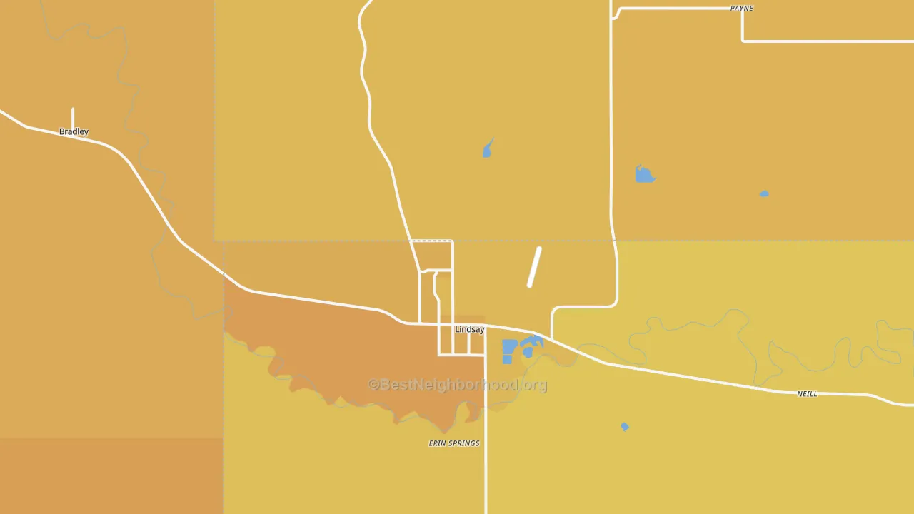 Map of the best neighborhoods in the 73052 area, with better matches in green and worse matches in red