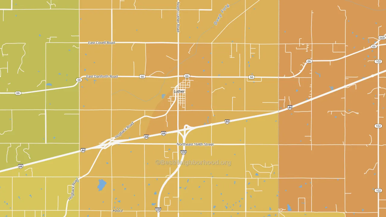 Map of the best neighborhoods in the 73054 area, with better matches in green and worse matches in red