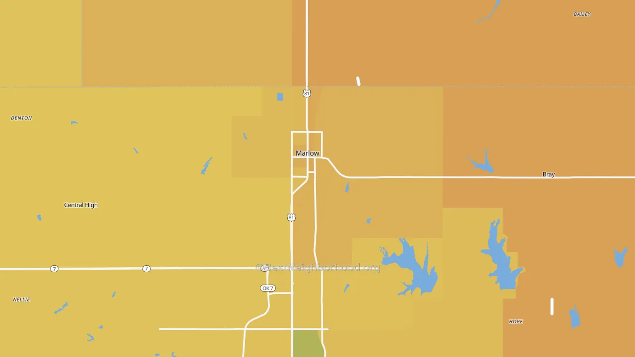 Map of the best neighborhoods in the 73055 area, with better matches in green and worse matches in red