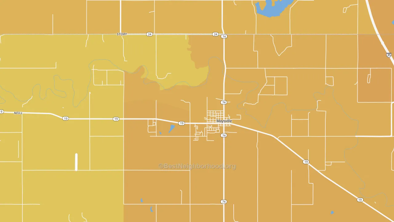 Map of the best neighborhoods in the 73057 area, with better matches in green and worse matches in red