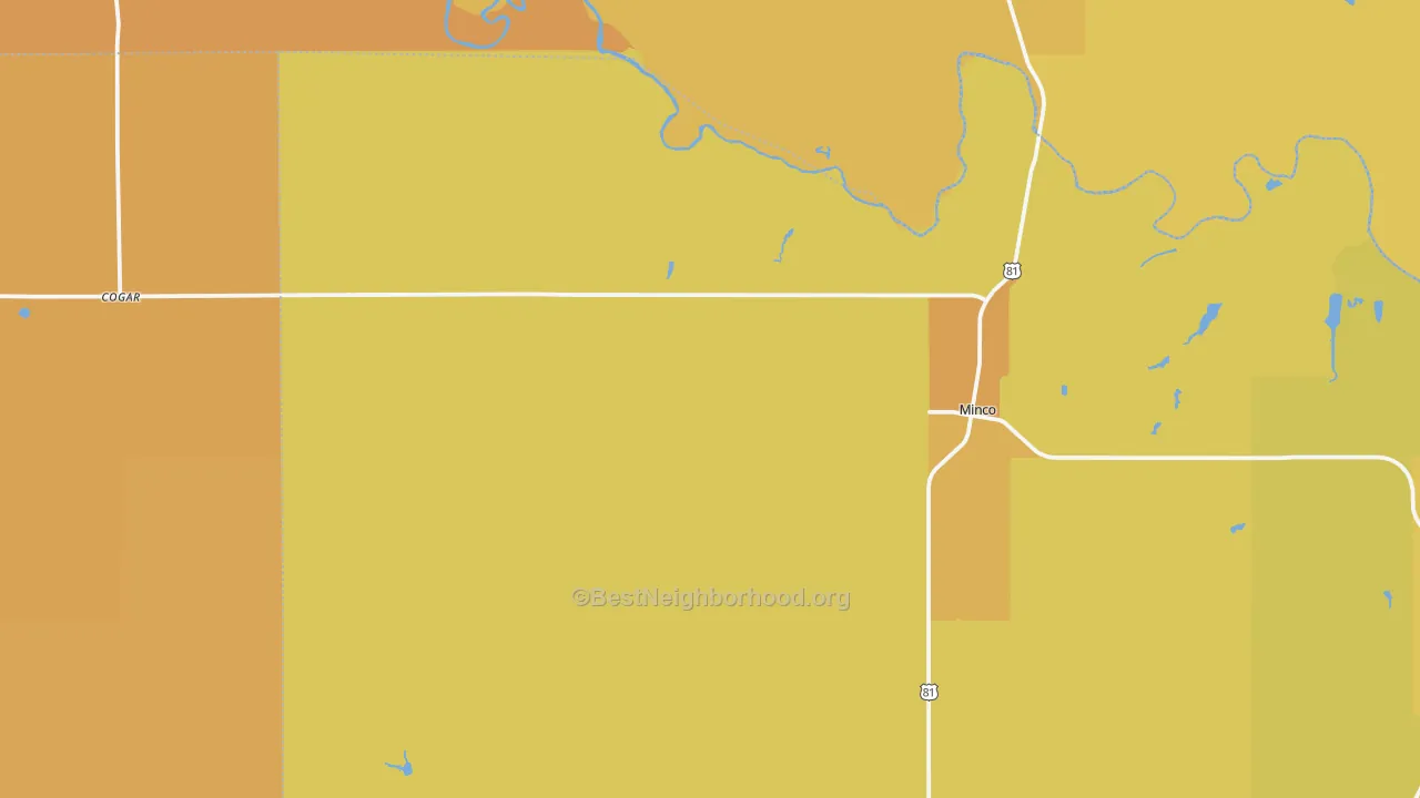 Map of the best neighborhoods in the 73059 area, with better matches in green and worse matches in red