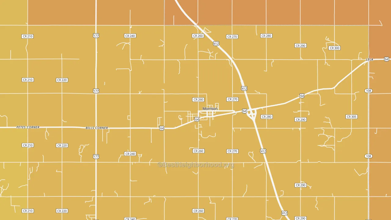 Map of the best neighborhoods in the 73061 area, with better matches in green and worse matches in red