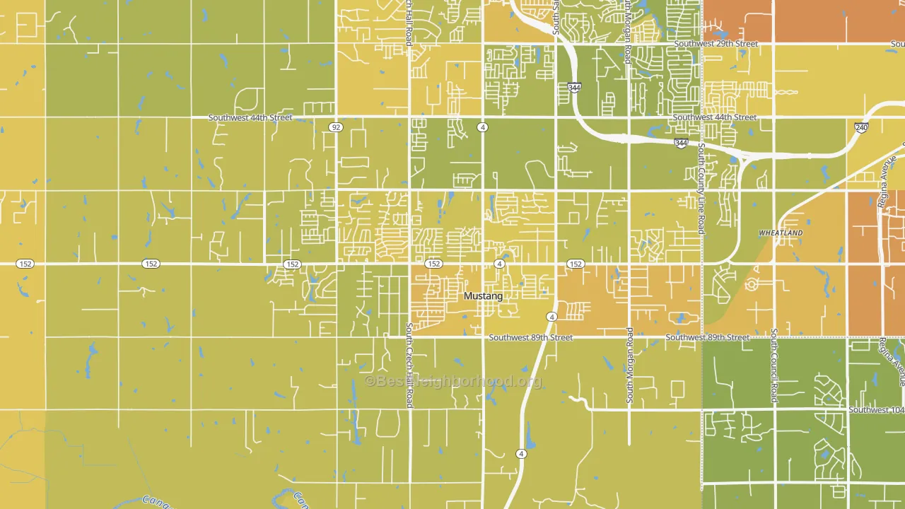 Map of the best neighborhoods in the 73064 area, with better matches in green and worse matches in red