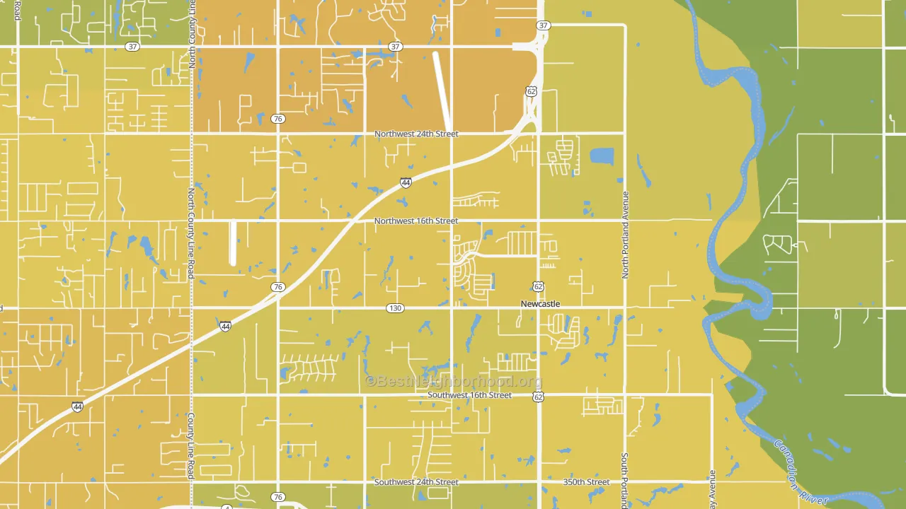 Map of the best neighborhoods in the 73065 area, with better matches in green and worse matches in red