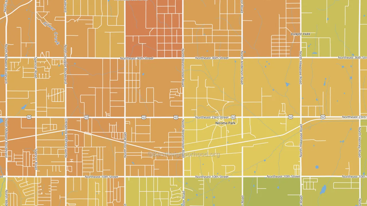 Map of the best neighborhoods in the 73066 area, with better matches in green and worse matches in red