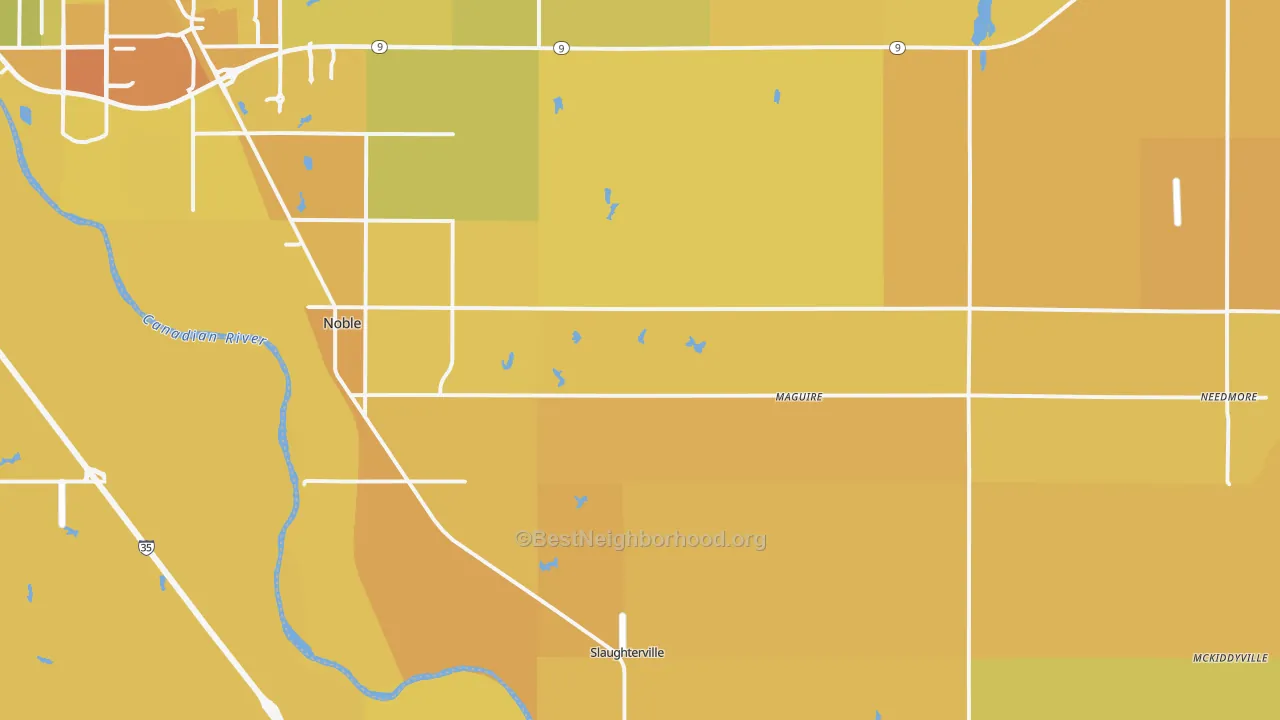 Map of the best neighborhoods in the 73068 area, with better matches in green and worse matches in red