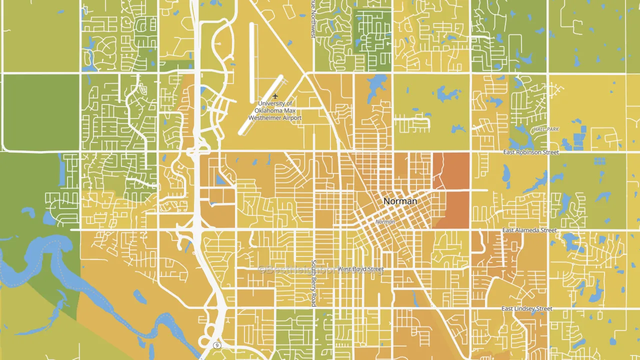 Map of the best neighborhoods in the 73069 area, with better matches in green and worse matches in red