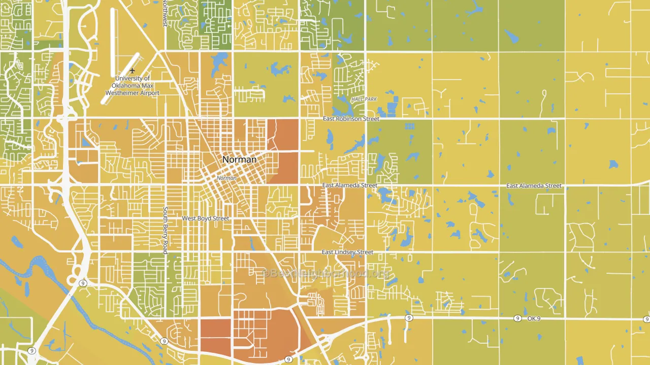 Map of the best neighborhoods in the 73071 area, with better matches in green and worse matches in red
