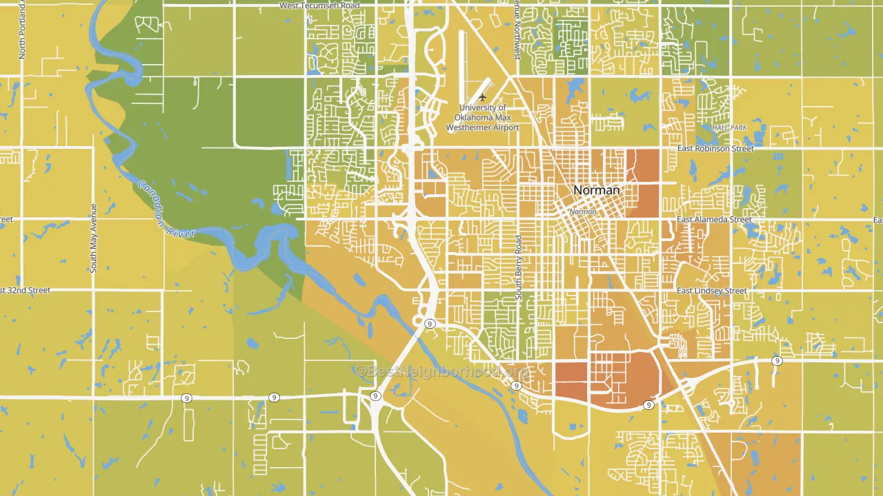 Map of the best neighborhoods in the 73072 area, with better matches in green and worse matches in red