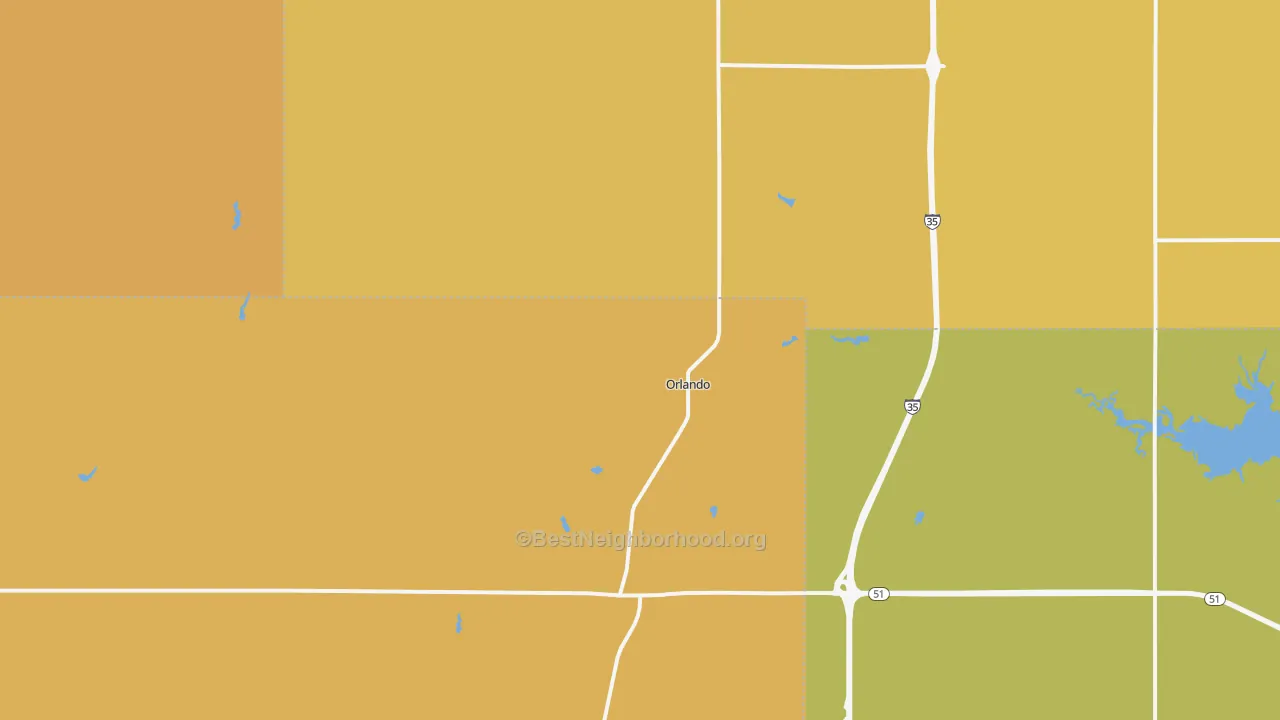 Map of the best neighborhoods in the 73073 area, with better matches in green and worse matches in red