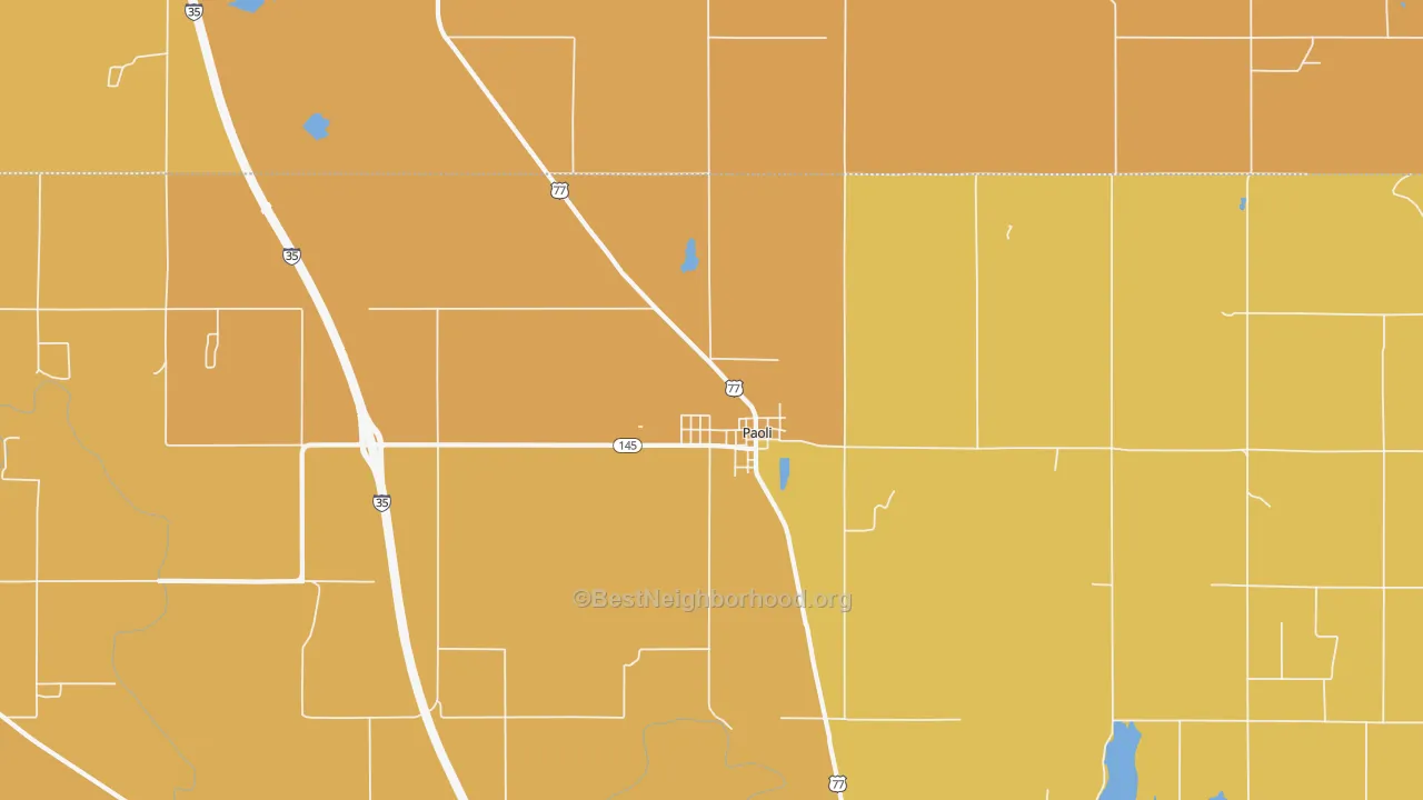 Map of the best neighborhoods in the 73074 area, with better matches in green and worse matches in red