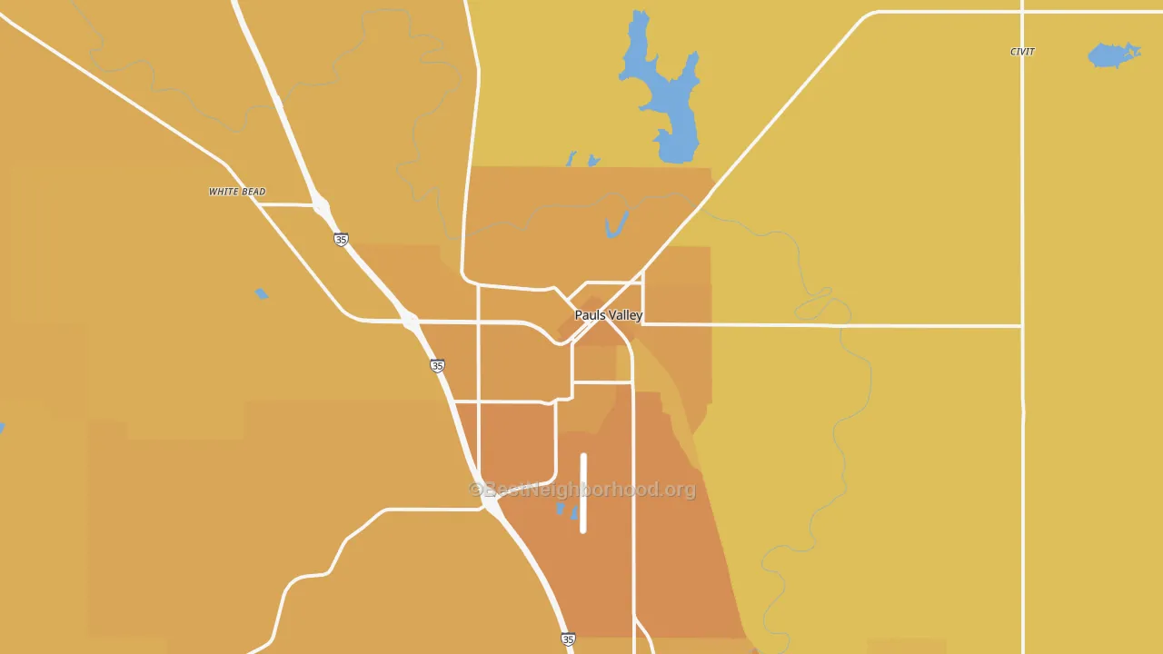 Map of the best neighborhoods in the 73075 area, with better matches in green and worse matches in red