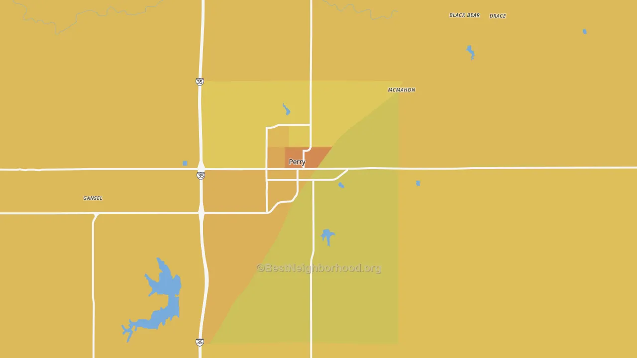 Map of the best neighborhoods in the 73077 area, with better matches in green and worse matches in red