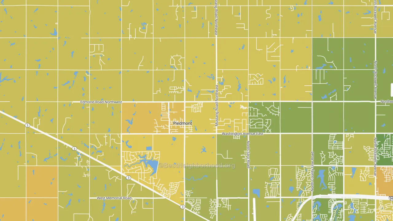 Map of the best neighborhoods in the 73078 area, with better matches in green and worse matches in red