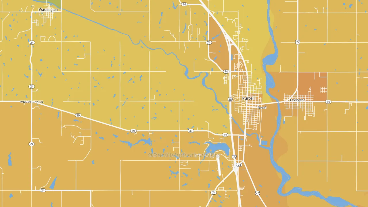 Map of the best neighborhoods in the 73080 area, with better matches in green and worse matches in red