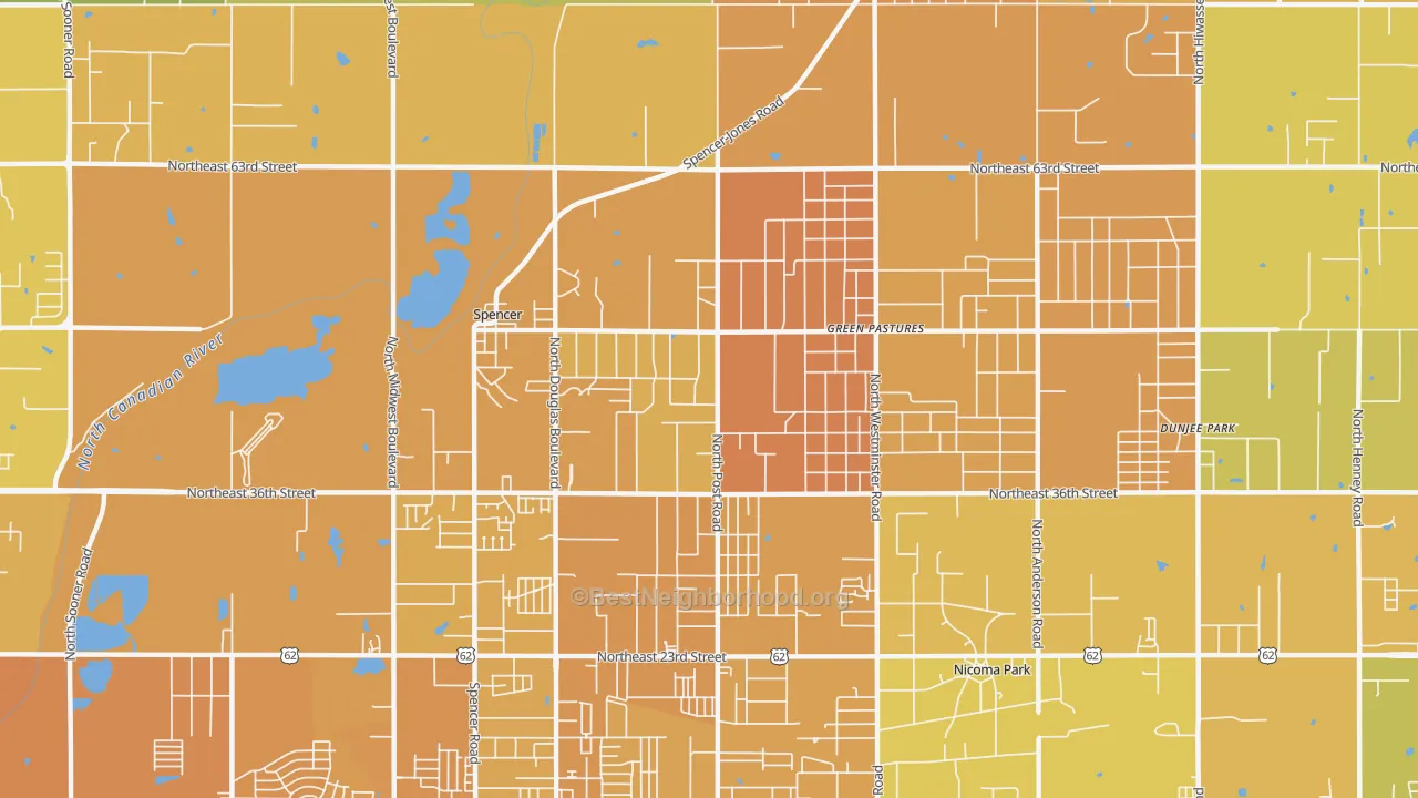 Map of the best neighborhoods in the 73084 area, with better matches in green and worse matches in red