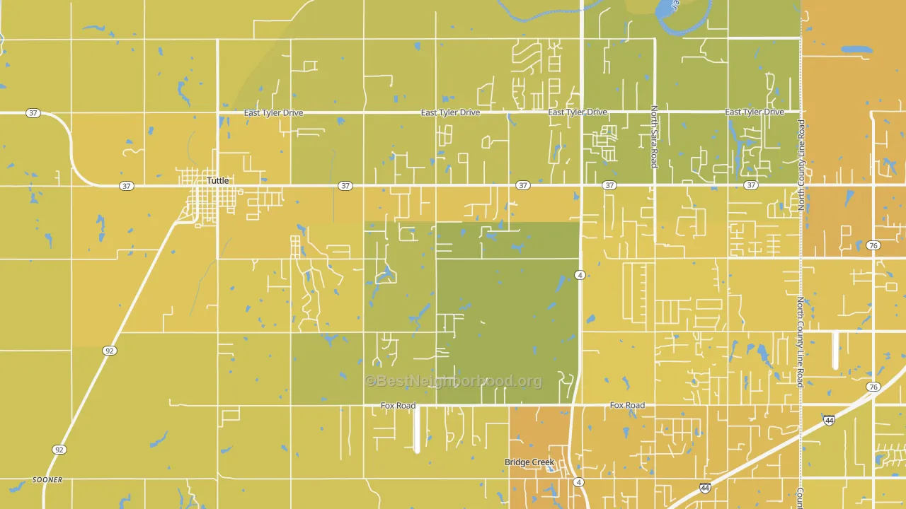 Map of the best neighborhoods in the 73089 area, with better matches in green and worse matches in red