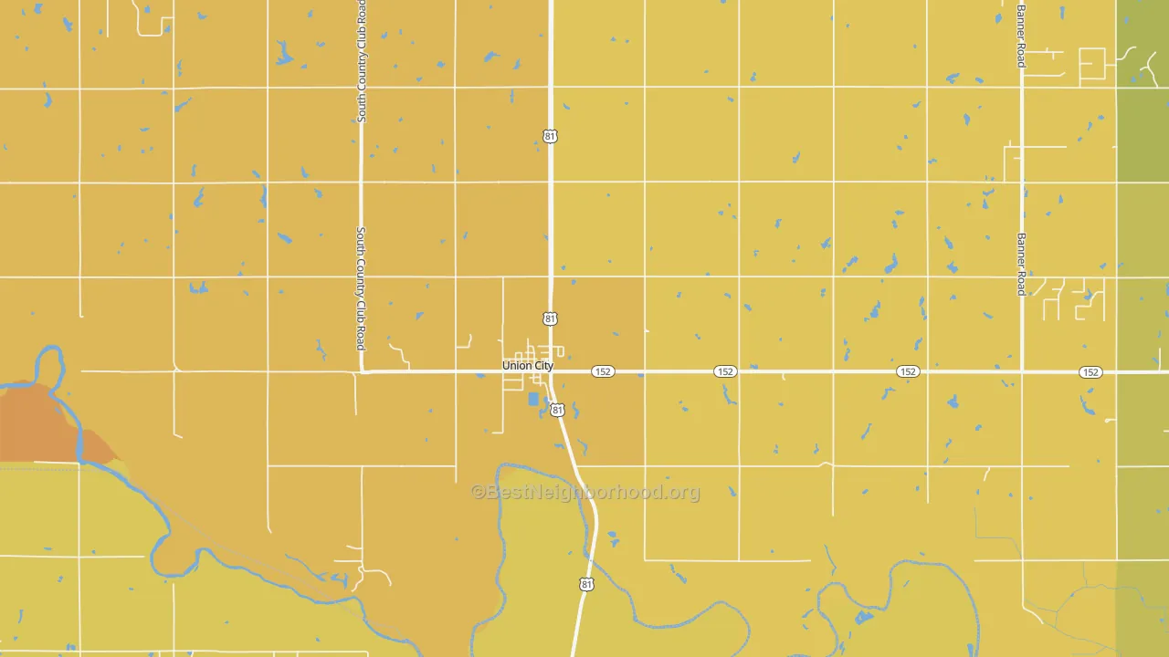 Map of the best neighborhoods in the 73090 area, with better matches in green and worse matches in red