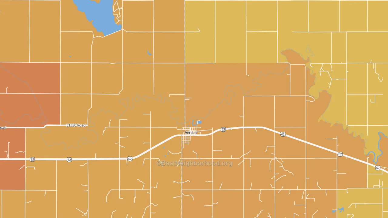 Map of the best neighborhoods in the 73092 area, with better matches in green and worse matches in red