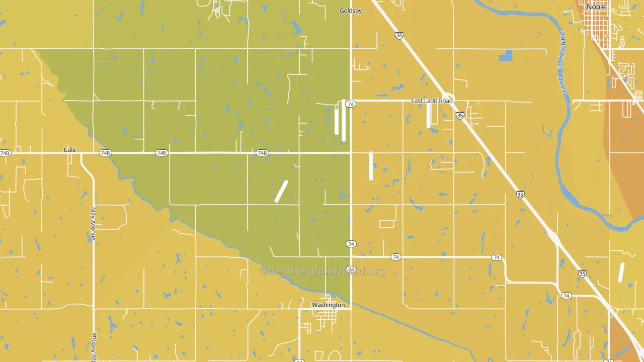 Map of the best neighborhoods in the 73093 area, with better matches in green and worse matches in red