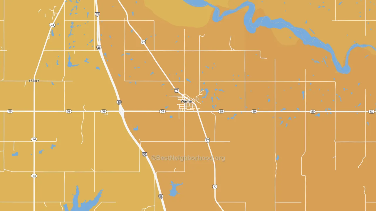 Map of the best neighborhoods in the 73095 area, with better matches in green and worse matches in red