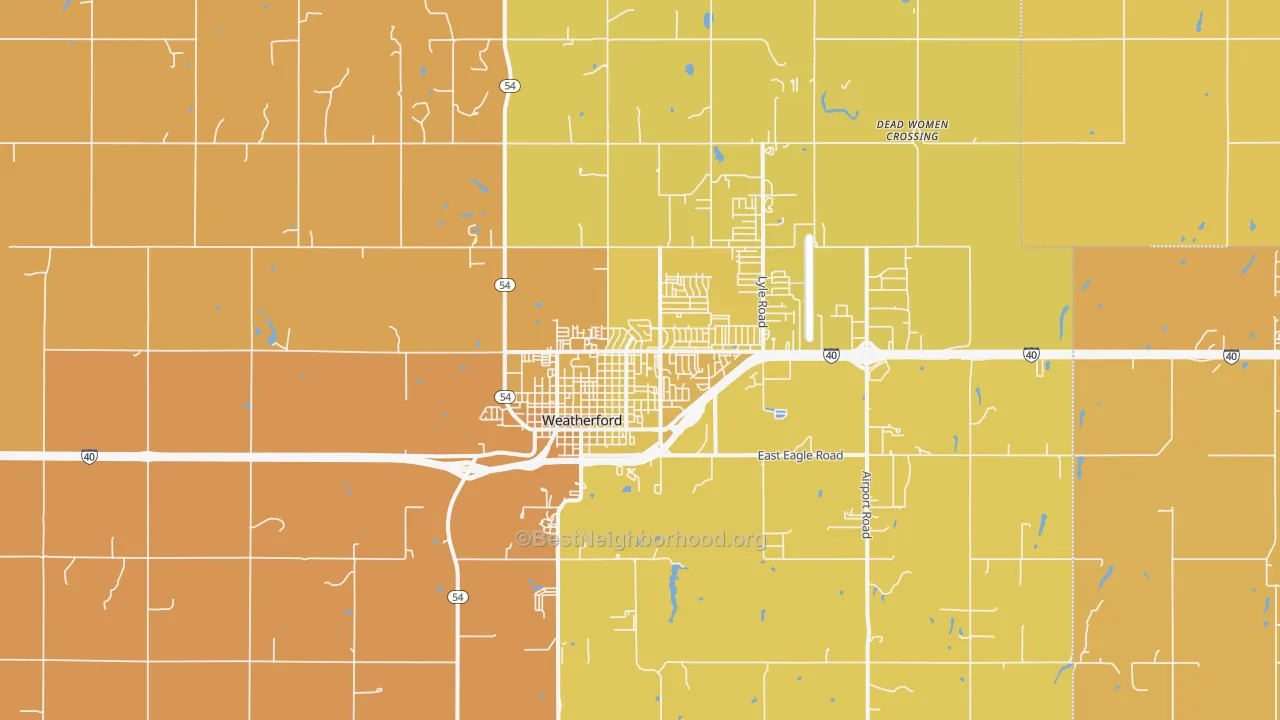 Map of the best neighborhoods in the 73096 area, with better matches in green and worse matches in red