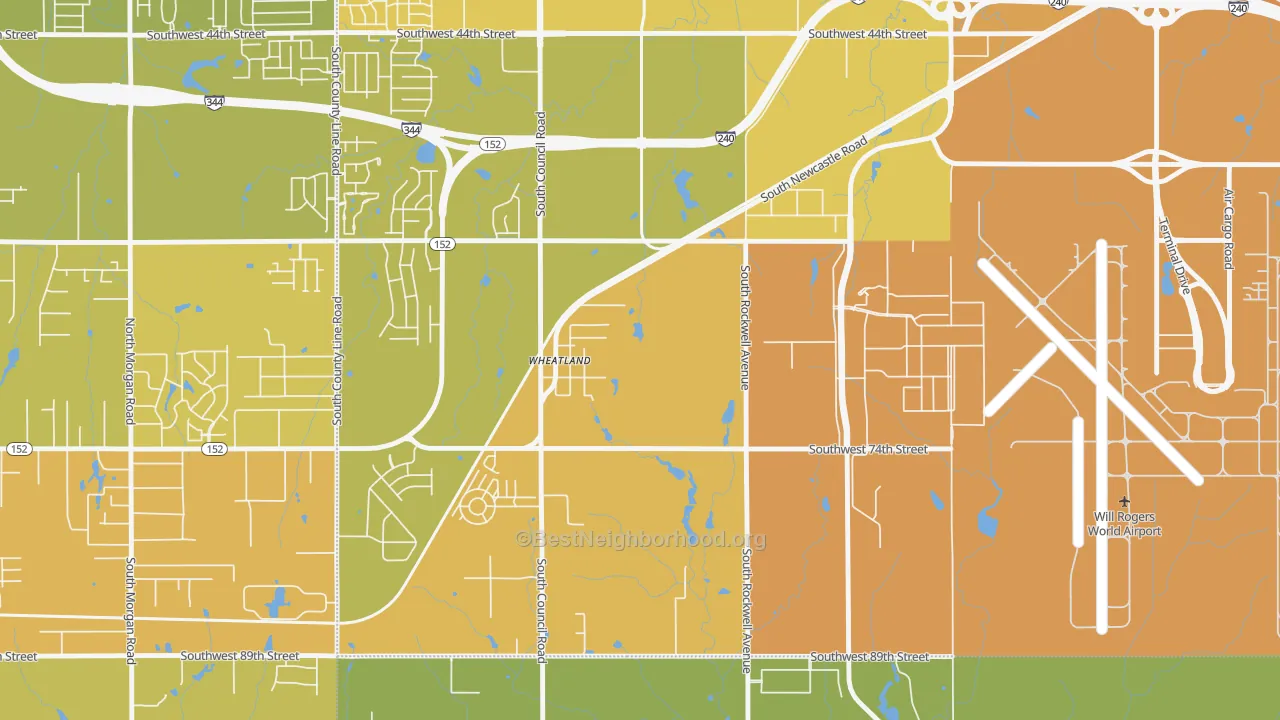 Map of the best neighborhoods in the 73097 area, with better matches in green and worse matches in red