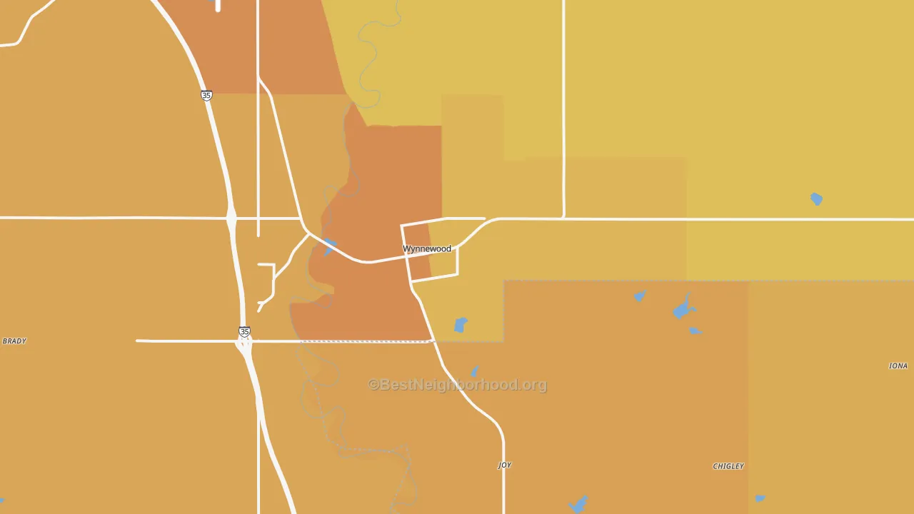 Map of the best neighborhoods in the 73098 area, with better matches in green and worse matches in red