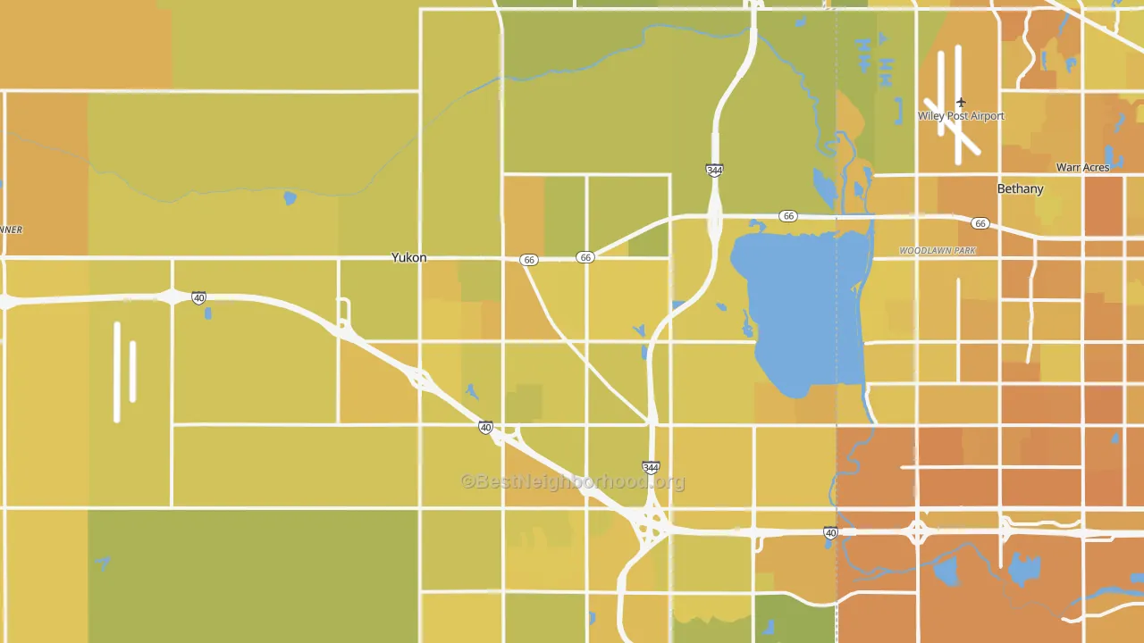 Map of the best neighborhoods in the 73099 area, with better matches in green and worse matches in red