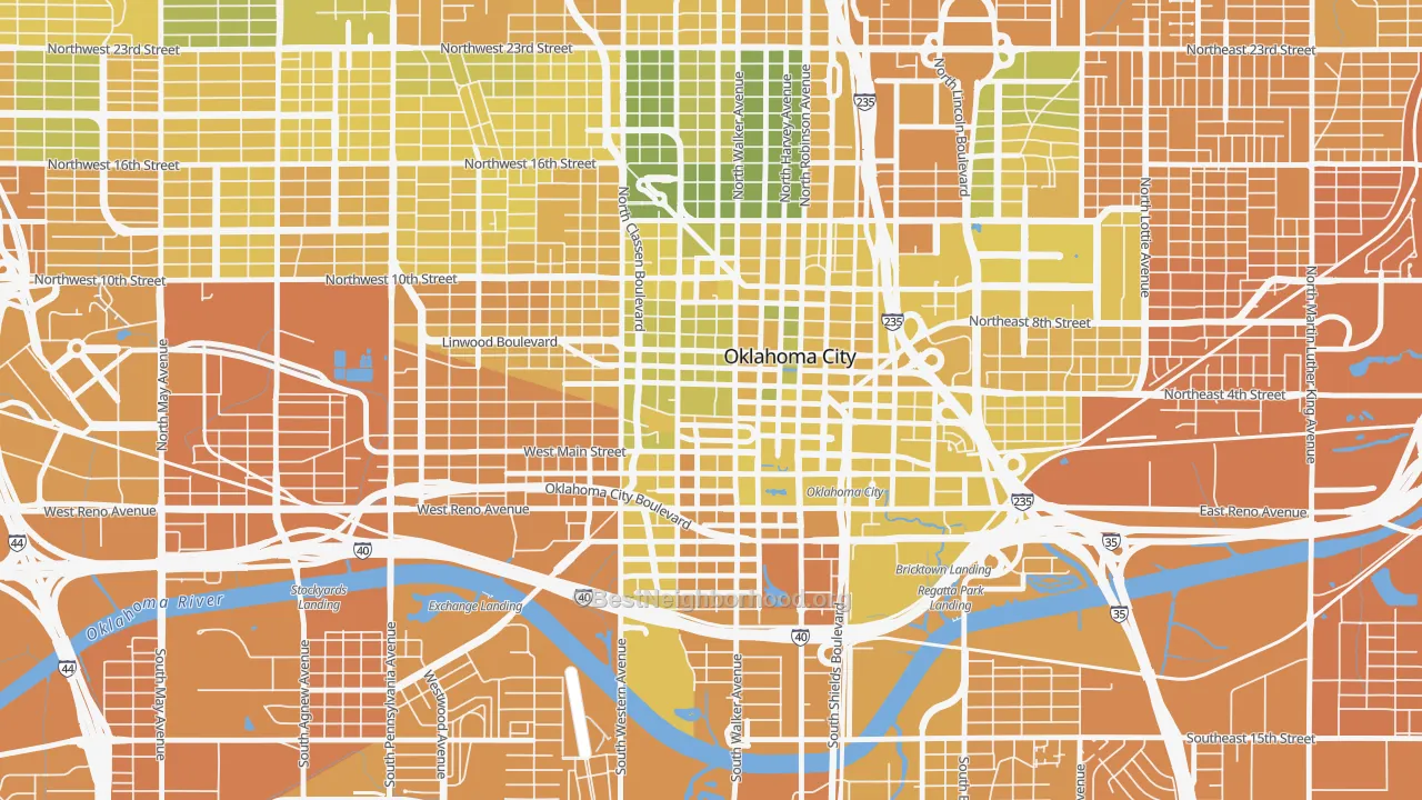 Map of the best neighborhoods in the 73102 area, with better matches in green and worse matches in red