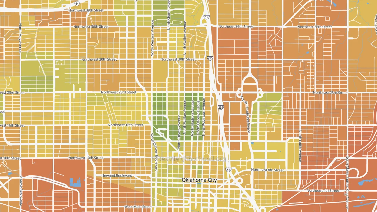 Map of the best neighborhoods in the 73103 area, with better matches in green and worse matches in red