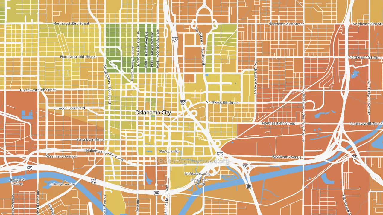 Map of the best neighborhoods in the 73104 area, with better matches in green and worse matches in red