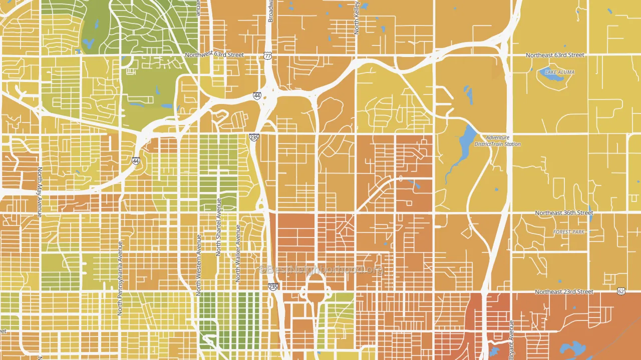 Map of the best neighborhoods in the 73105 area, with better matches in green and worse matches in red