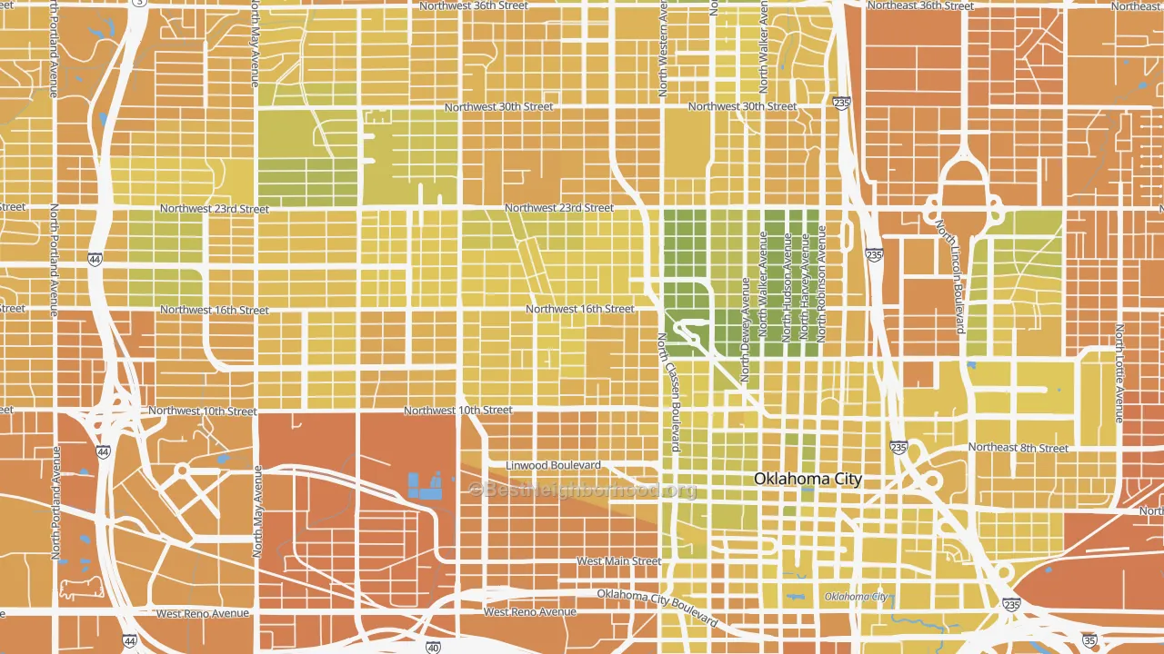 Map of the best neighborhoods in the 73106 area, with better matches in green and worse matches in red