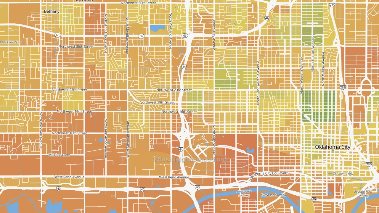 Map of the best neighborhoods in the 73107 area, with better matches in green and worse matches in red