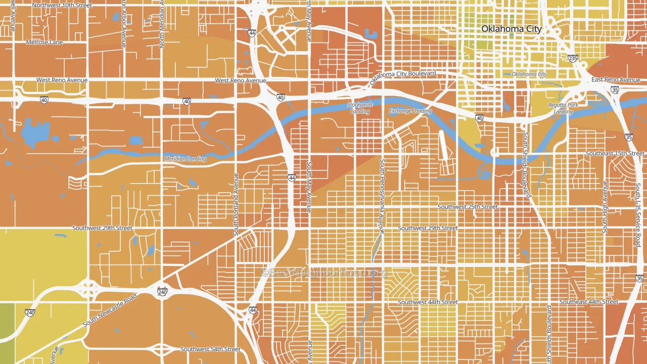 Map of the best neighborhoods in the 73108 area, with better matches in green and worse matches in red
