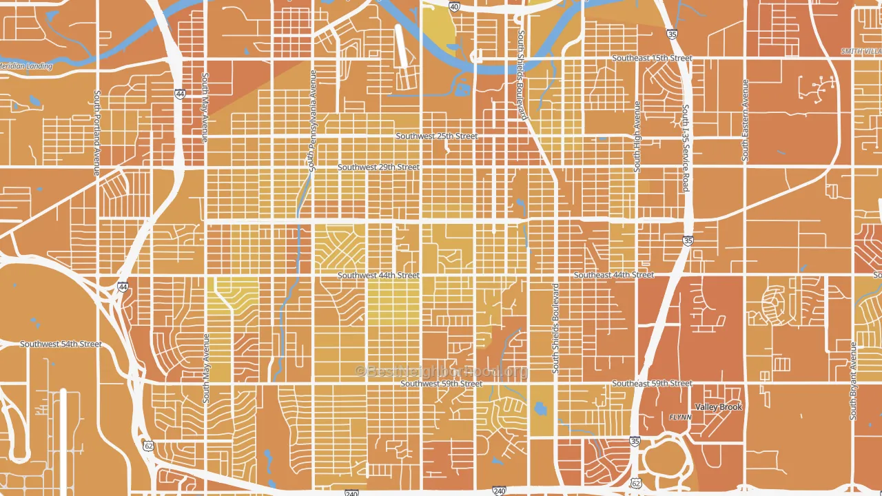 Map of the best neighborhoods in the 73109 area, with better matches in green and worse matches in red