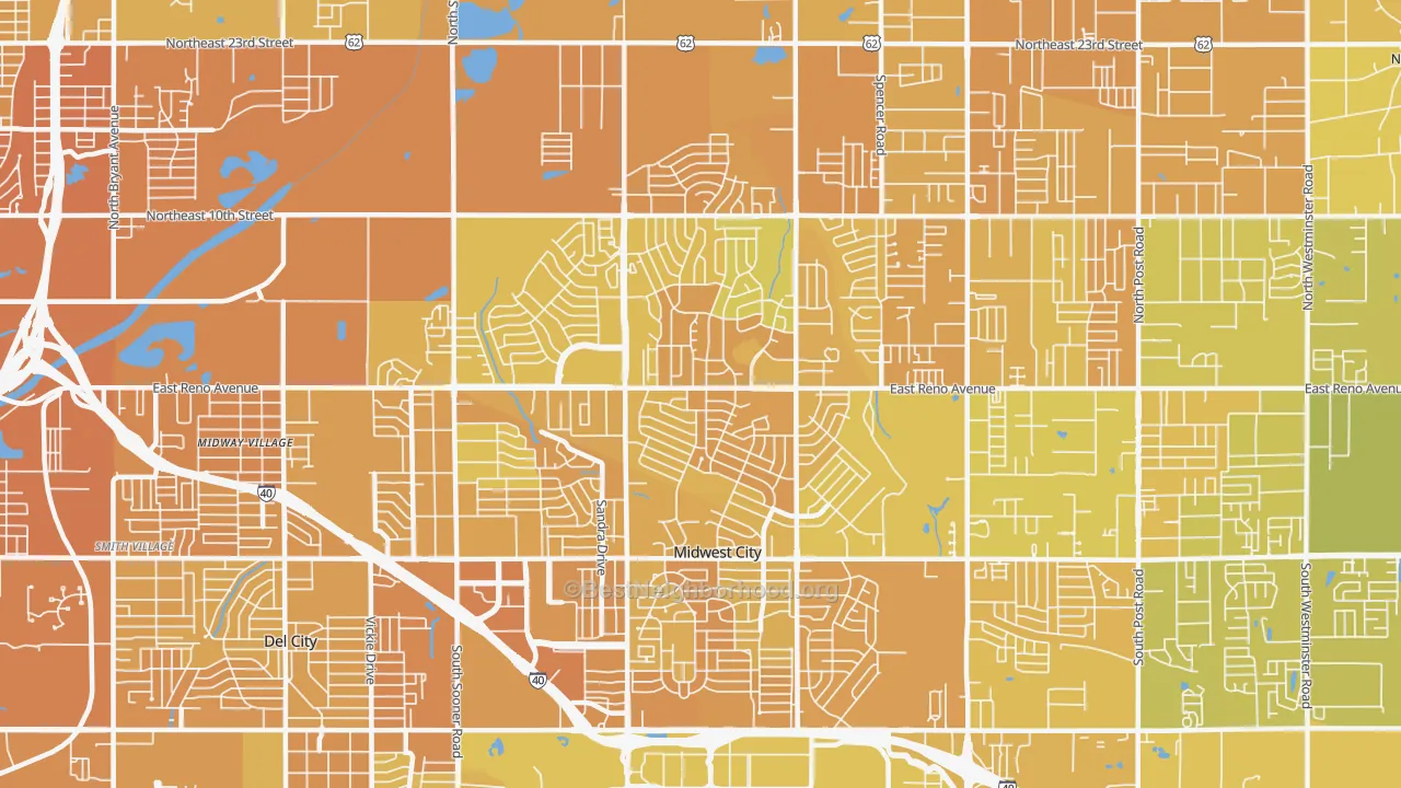 Map of the best neighborhoods in the 73110 area, with better matches in green and worse matches in red