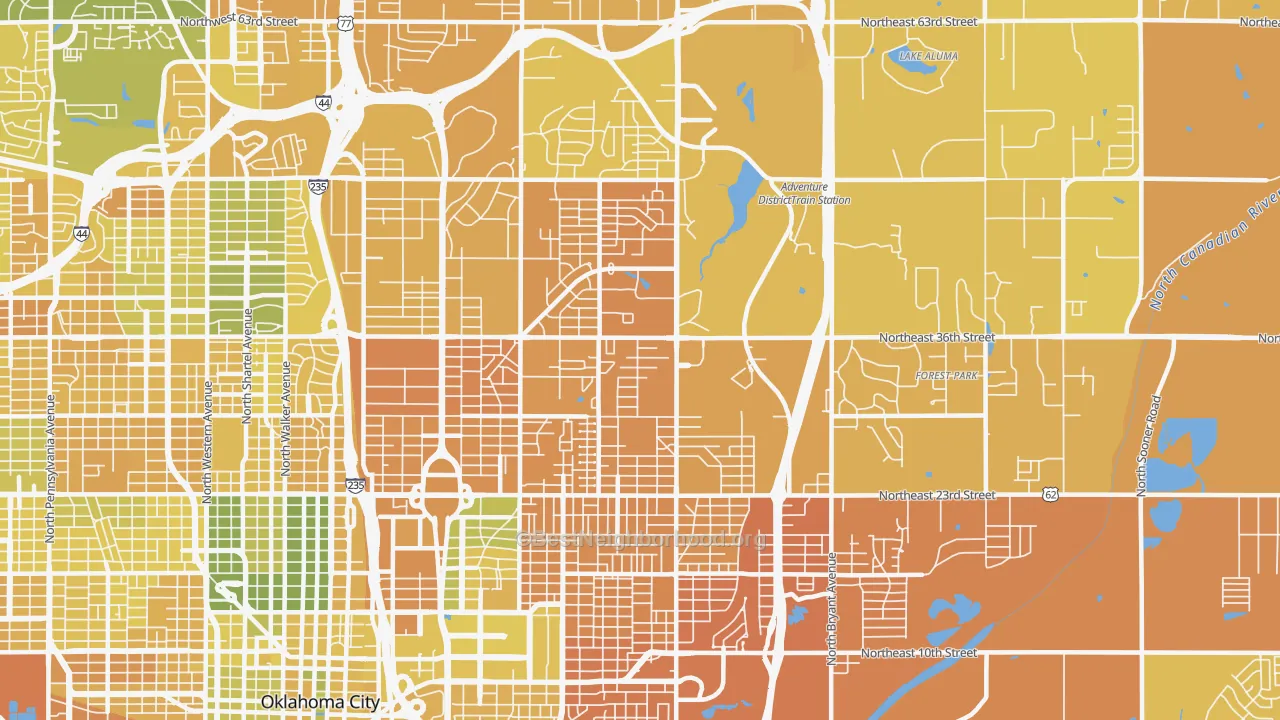 Map of the best neighborhoods in the 73111 area, with better matches in green and worse matches in red