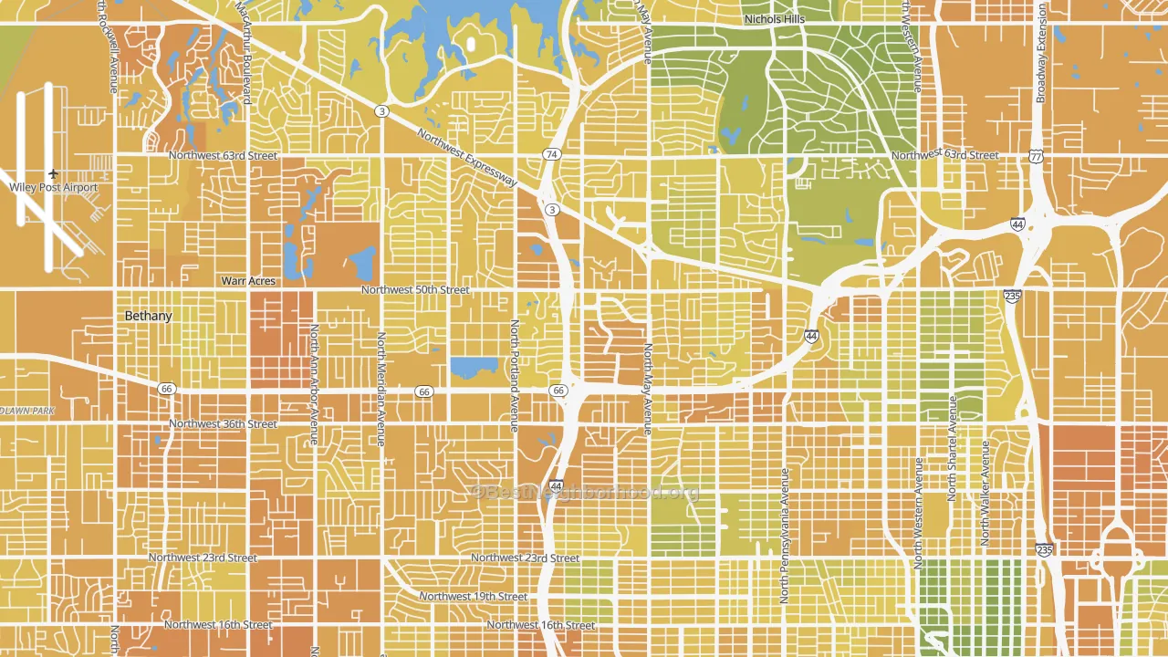 Map of the best neighborhoods in the 73112 area, with better matches in green and worse matches in red