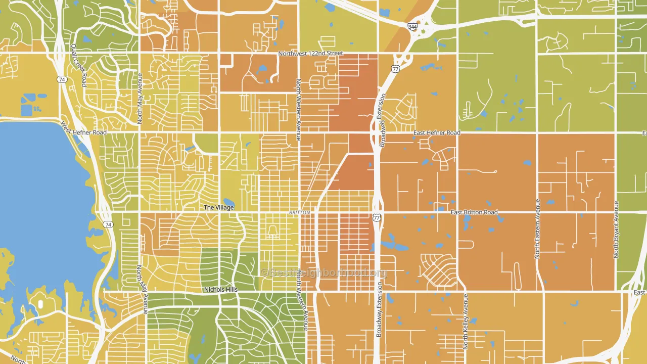Map of the best neighborhoods in the 73114 area, with better matches in green and worse matches in red