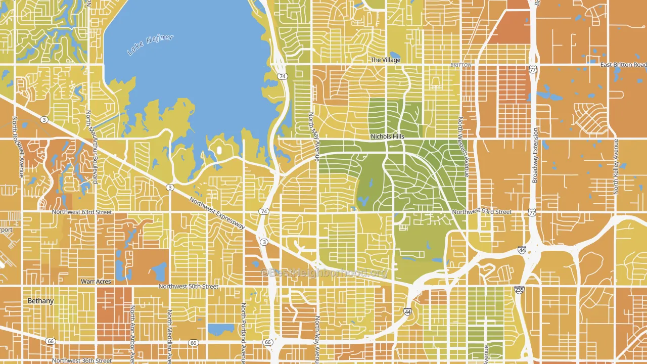 Map of the best neighborhoods in the 73116 area, with better matches in green and worse matches in red