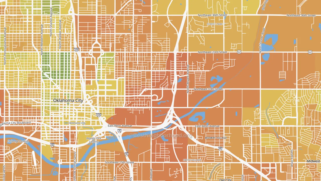 Map of the best neighborhoods in the 73117 area, with better matches in green and worse matches in red