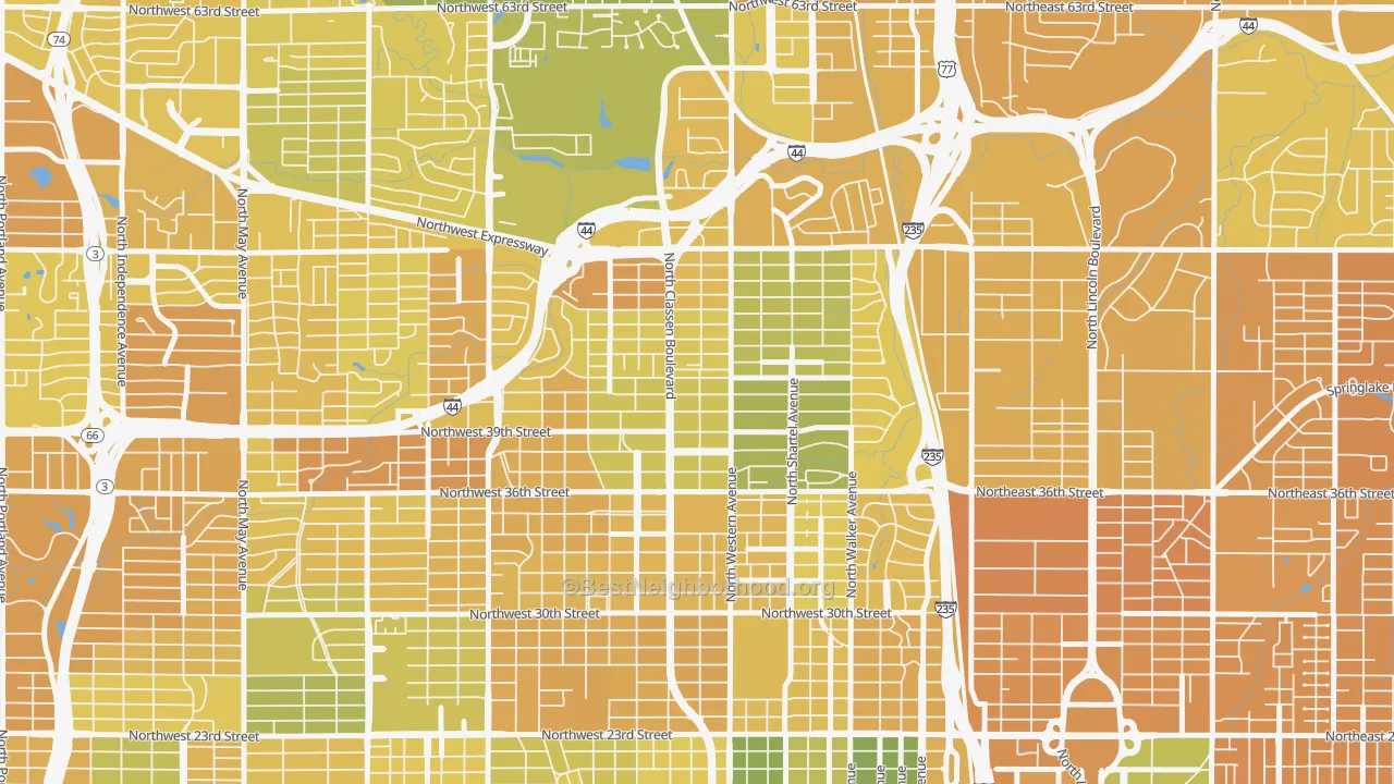 Map of the best neighborhoods in the 73118 area, with better matches in green and worse matches in red