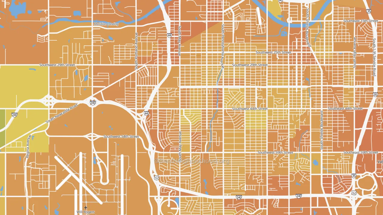 Map of the best neighborhoods in the 73119 area, with better matches in green and worse matches in red