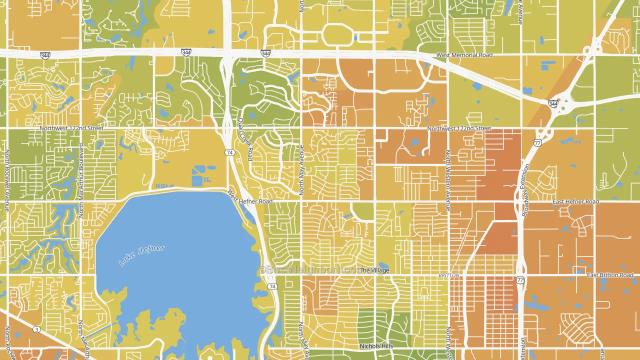 Map of the best neighborhoods in the 73120 area, with better matches in green and worse matches in red